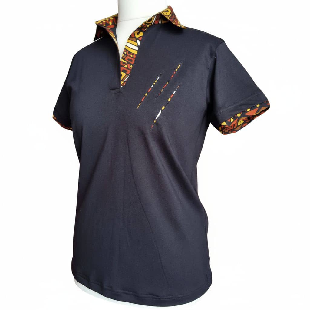 Women's Feline Stripes Polo | Navy Blue V-Neck with Ankara Collar & Sleeves