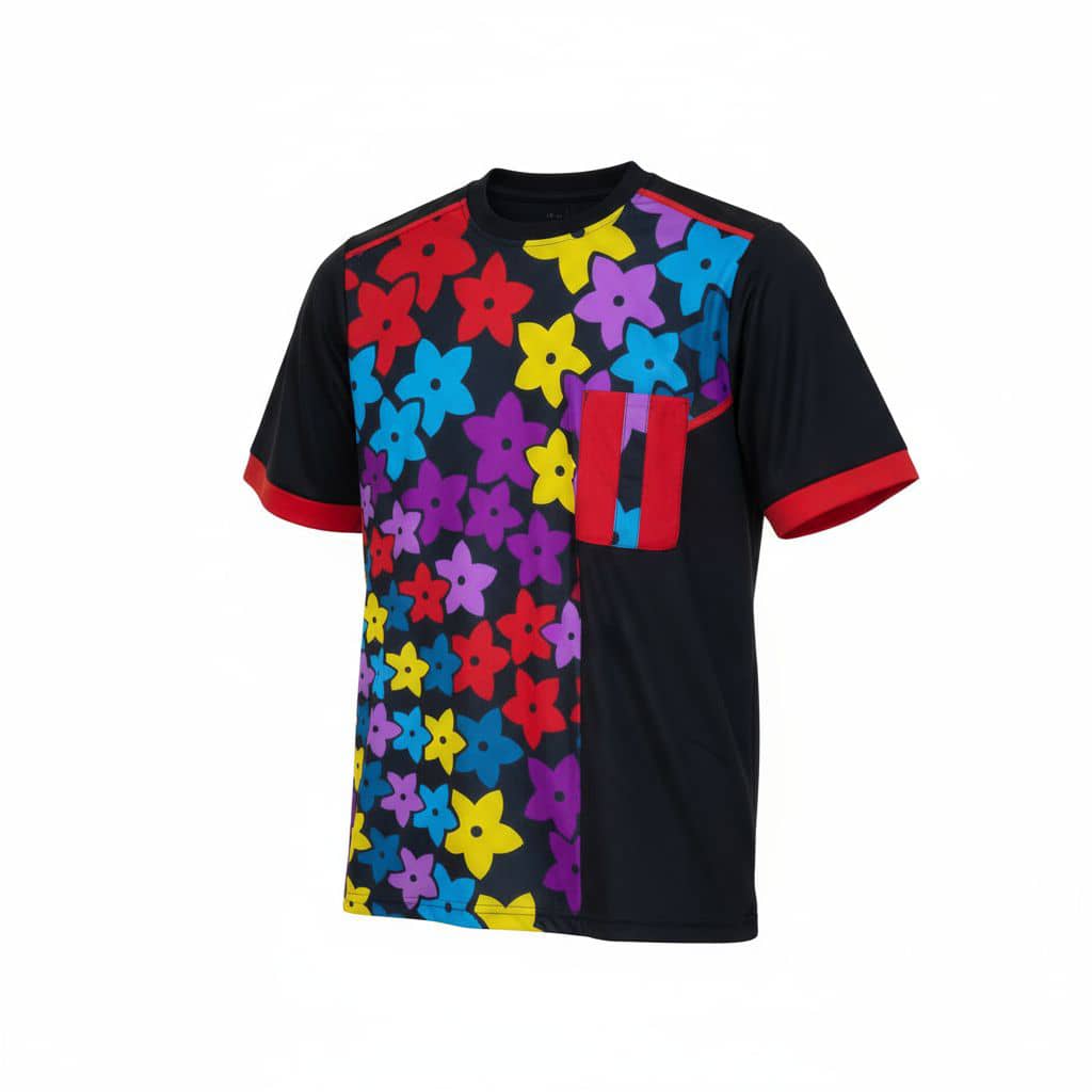 Men's Celebration Bloom Tee | Vibrant African Floral Print | Black & Multi-Color Patchwork