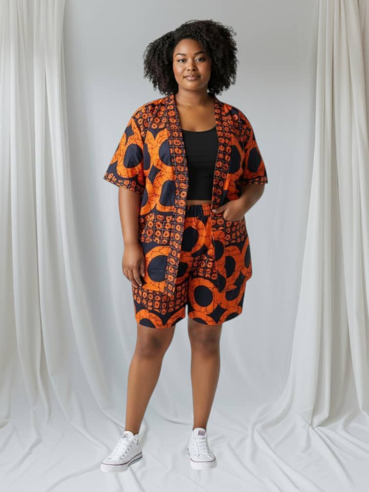 Ntesie Adinkra Set | Kimono Jacket & Shorts | African Print Co-Ord Orange